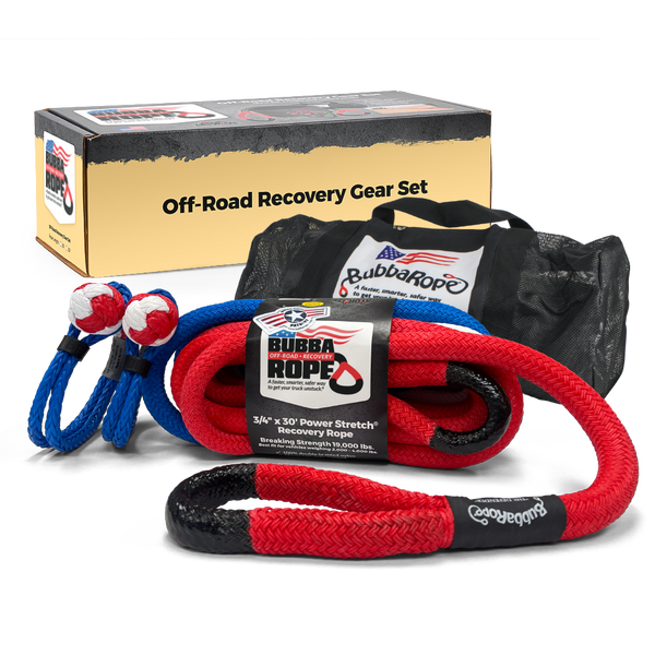 Kinetic rope recovery gear set consisting of a carry bag to soft shackles and a recovery rope in red white and blue colors