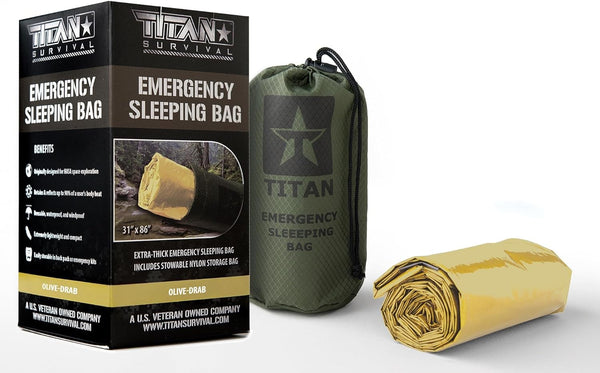 Lightweight survival sleeping bag with car case displayed on a white background