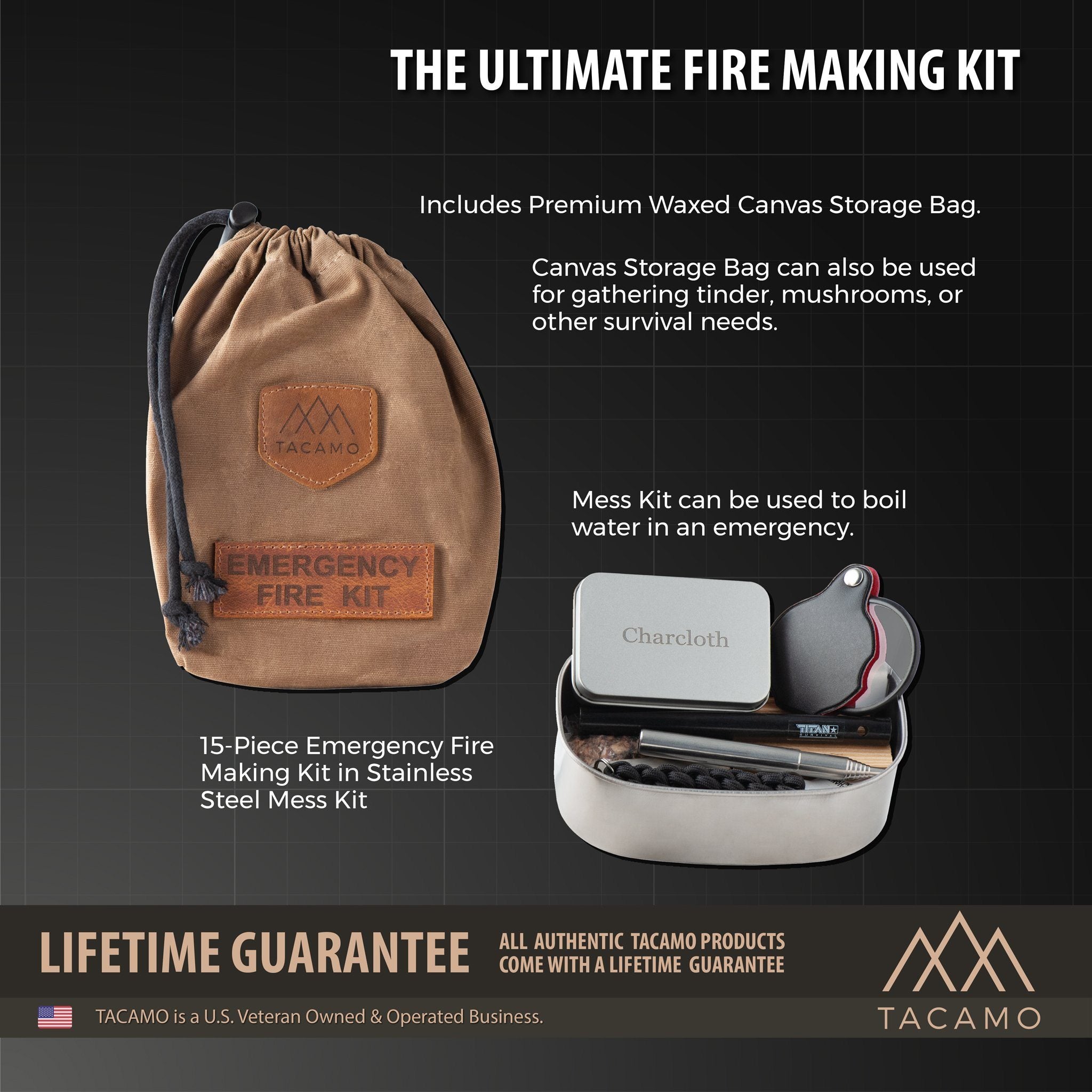 Tacamo emergency fire making kit with storage bag on a black background