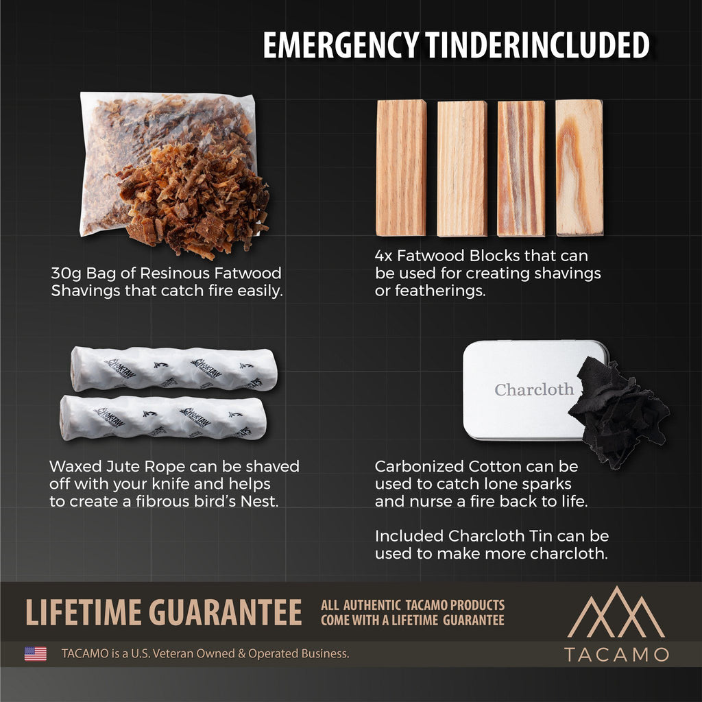 Emergency tinder kit with resins, fatwood blocks, rope, and charcloth on a black background with Tacamo branding.