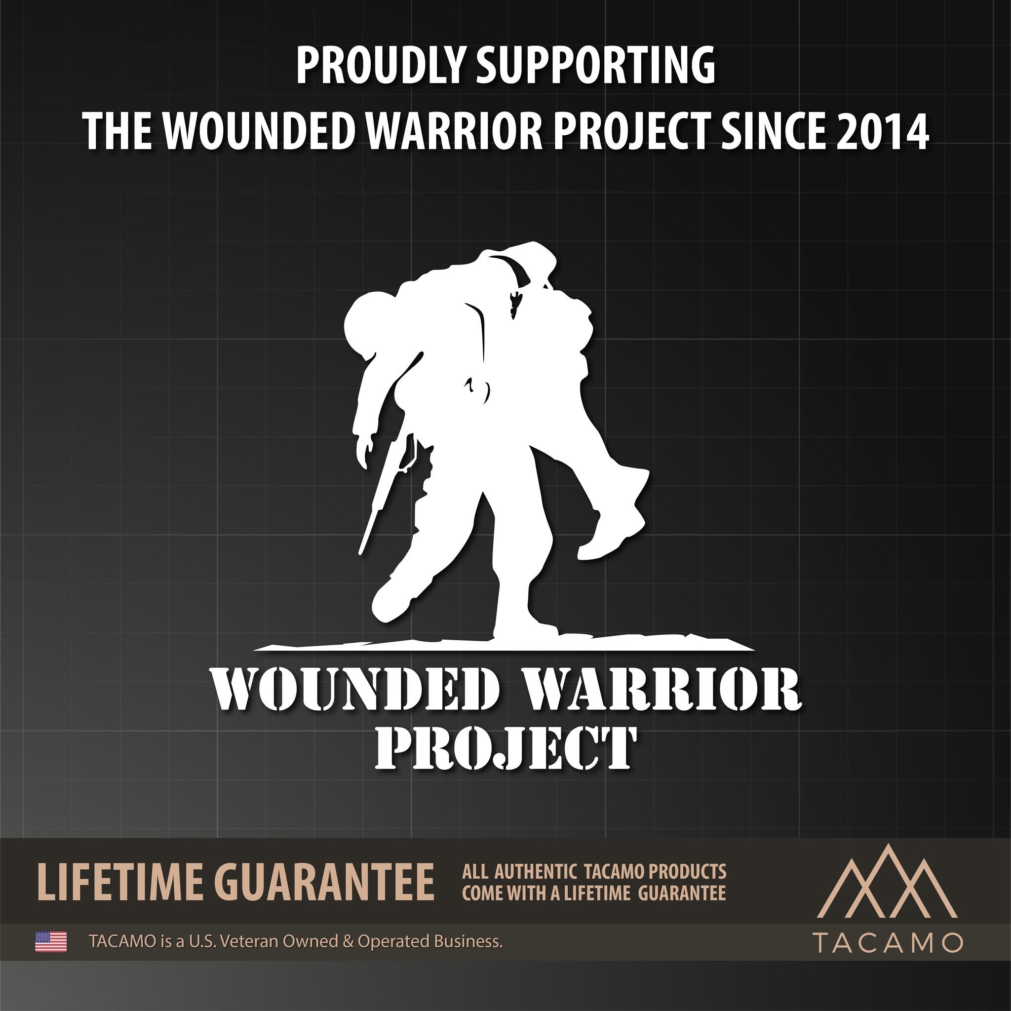 Silhouette of a warrior with text supporting the Wounded Warrior Project on a black background.
