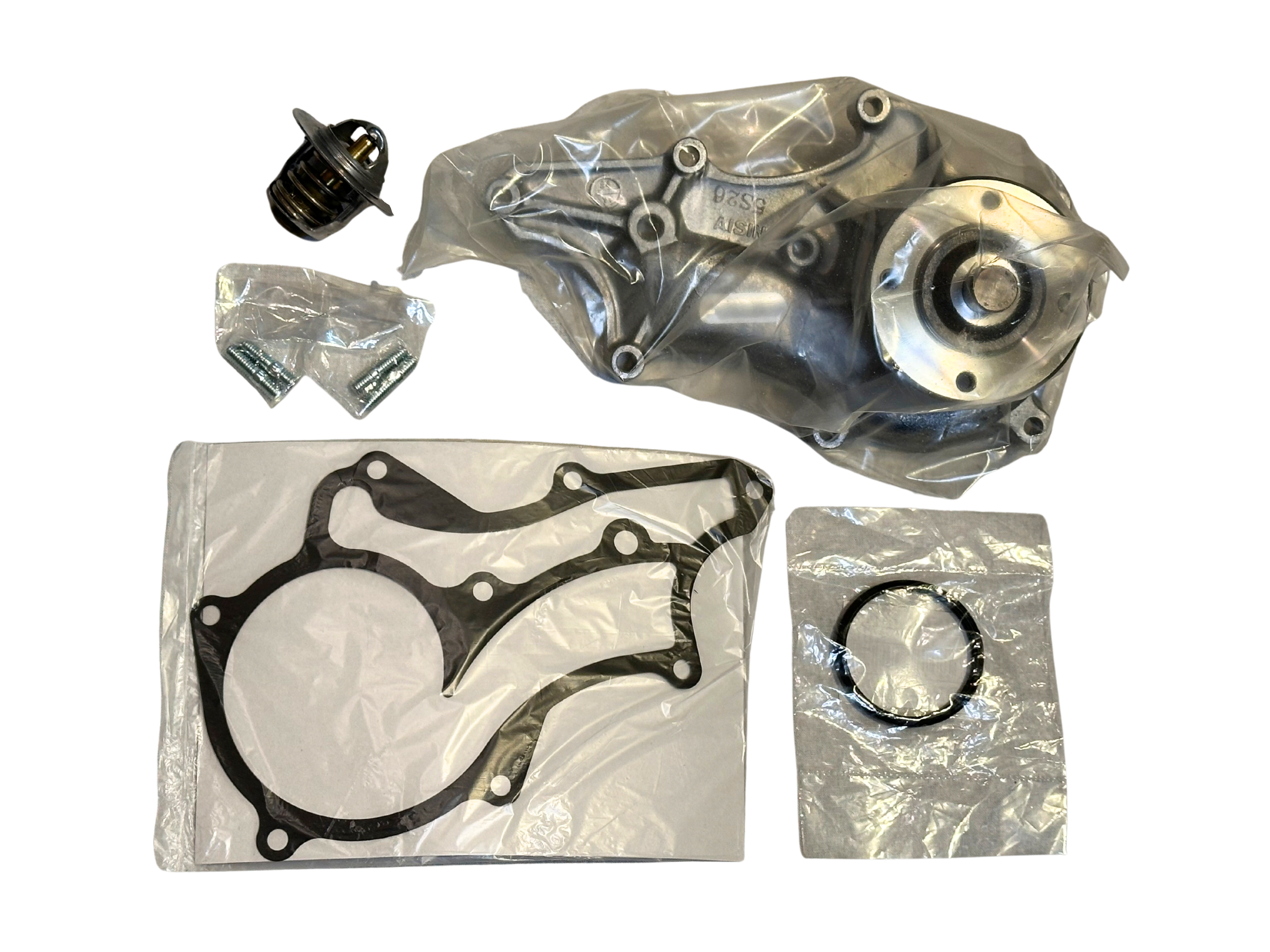 Automotive parts including a water pump, fan clutch studs, gaskets, thermostat, and thermostat seal on a white background