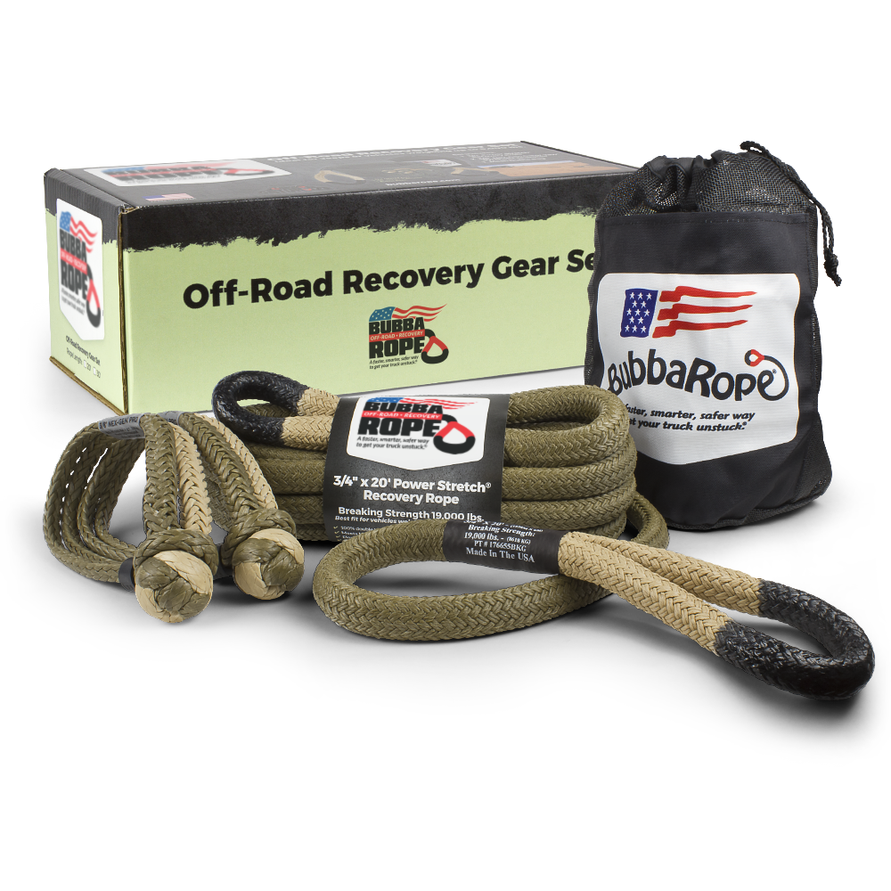 Bubba Rope off-road recovery gear set with packaging and rope on a white background