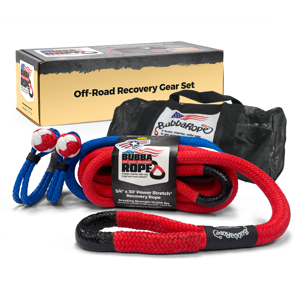 Bubba rope 7/8 inch diameter recovery gear set showing carry case to soft shackles and kinetic rope with “patriot“ red white and blue theme color picture on a white background