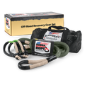 Off-road black and tan colored recovery gear set with ropes and packaging on a white background