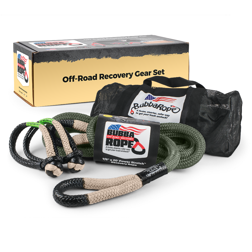 Off-road black and tan colored recovery gear set with ropes and packaging on a white background