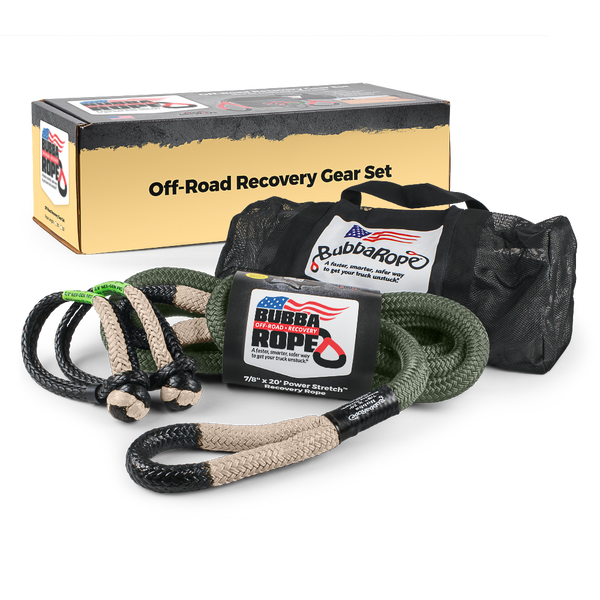 Off-road black and tan colored recovery gear set with ropes and packaging on a white background