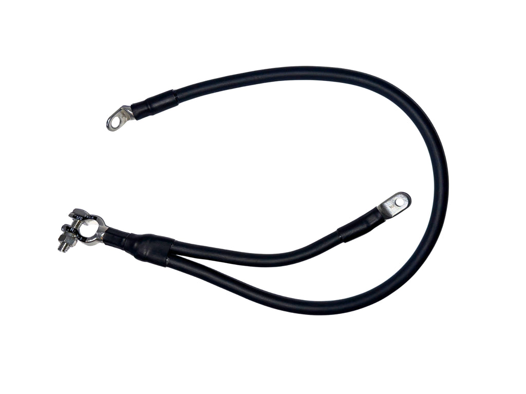 Black metal cable with connectors on a white background