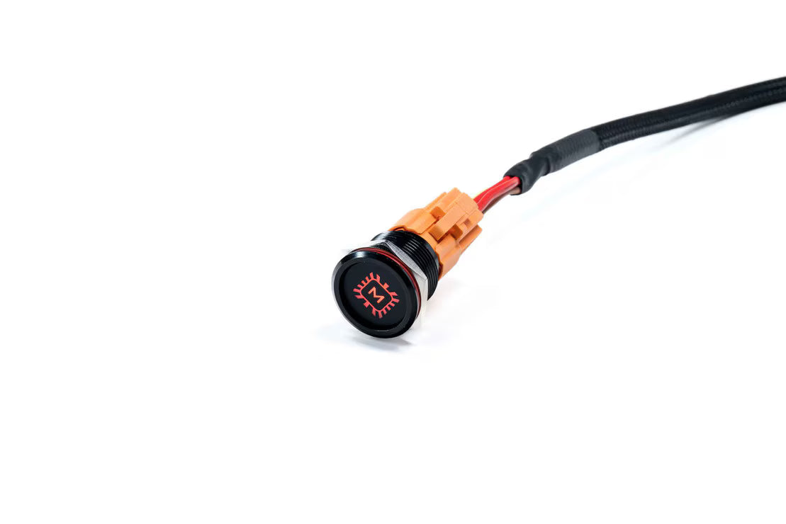 LED light pod power switch that is eliminated highlighting the Morimoto logo on a white background