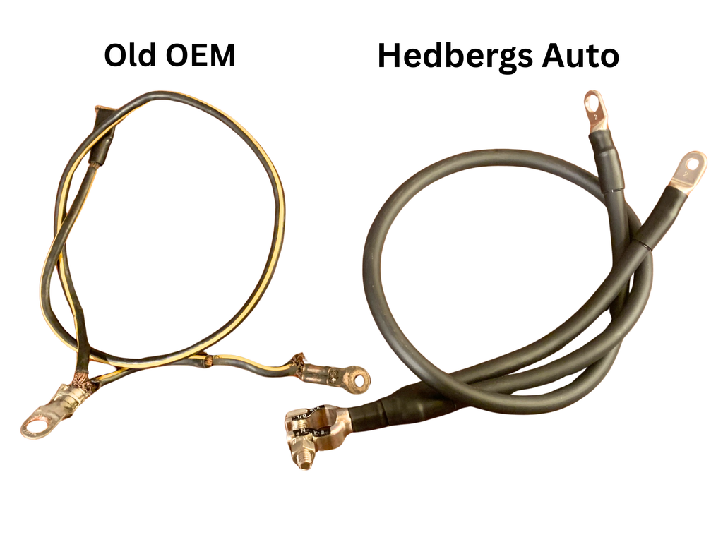 Two sets of automotive wiring harnesses labeled 'Old OEM' and 'Hedbergs Auto' on a white background contrasting distinctive differences in quality of material and craftsmanship. 