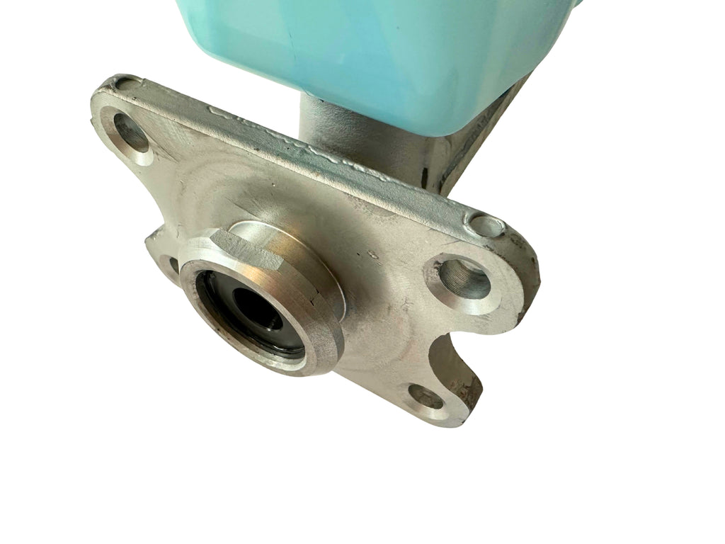 Metal flange with a blue cylindrical component on a white background showing no seal on brake master cylinder