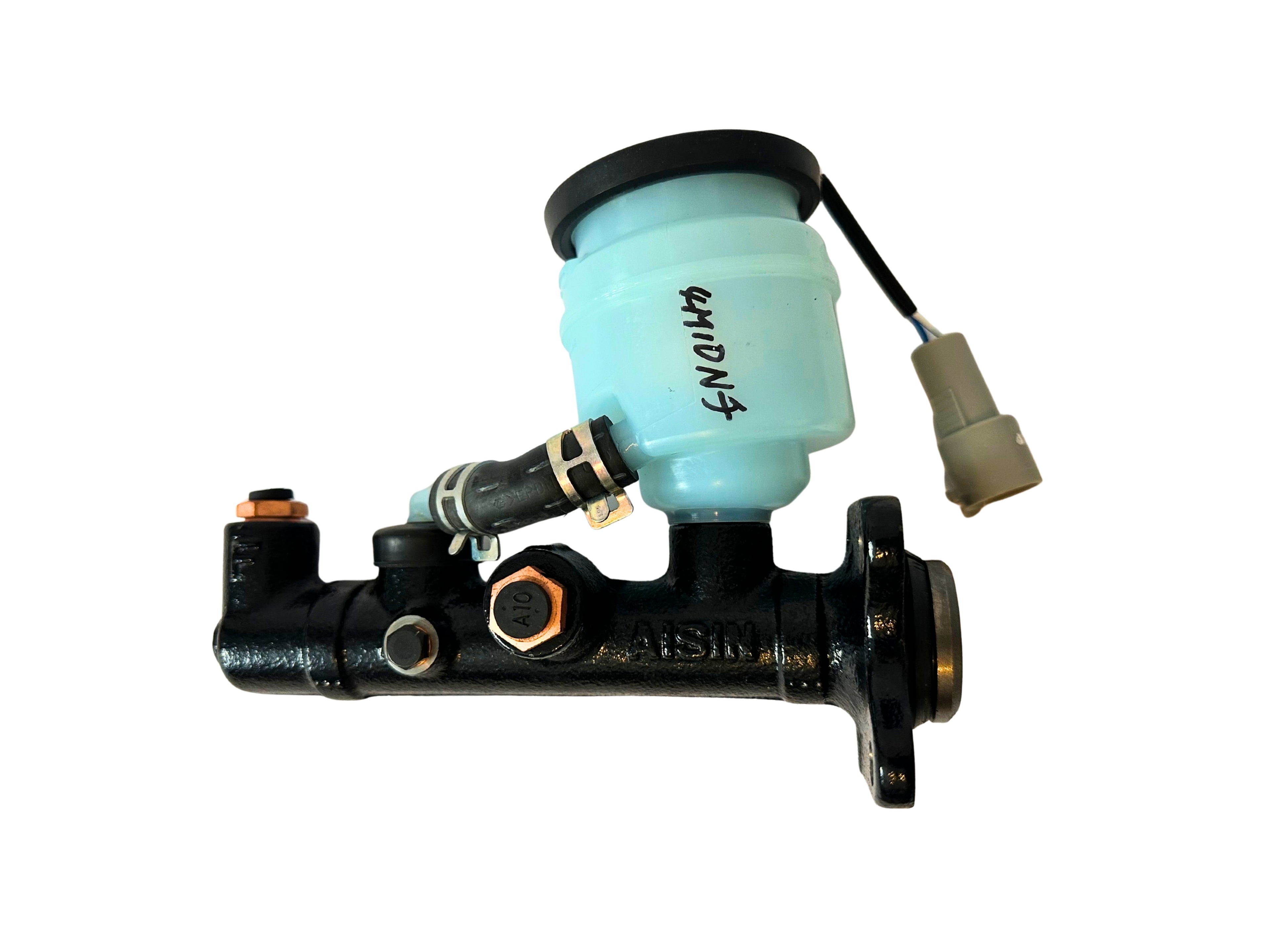 Brake master cylinder with a blue reservoir on a white background