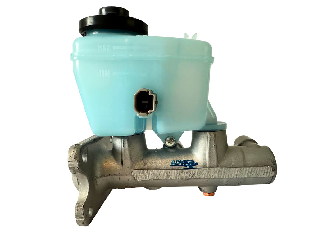 Brake master cylinder with a blue reservoir on a white background