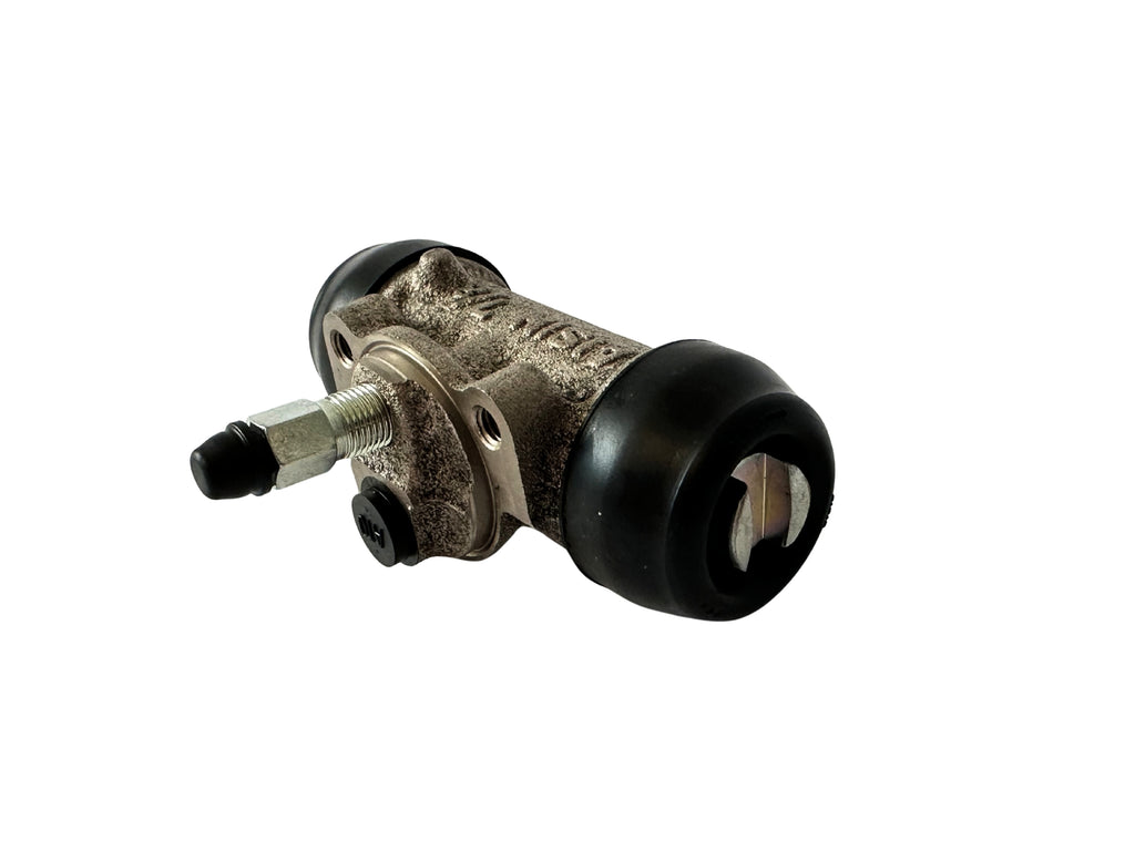 A drum brake wheel cylinder with black rubber boots on a white background