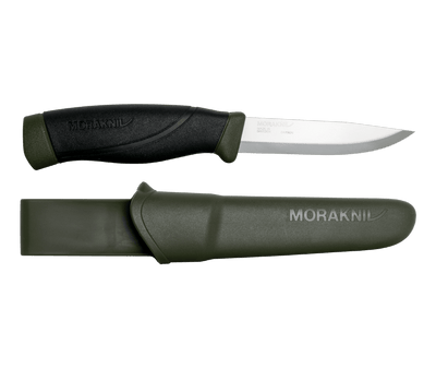 Morakniv knife with black handle and sheath on a white background