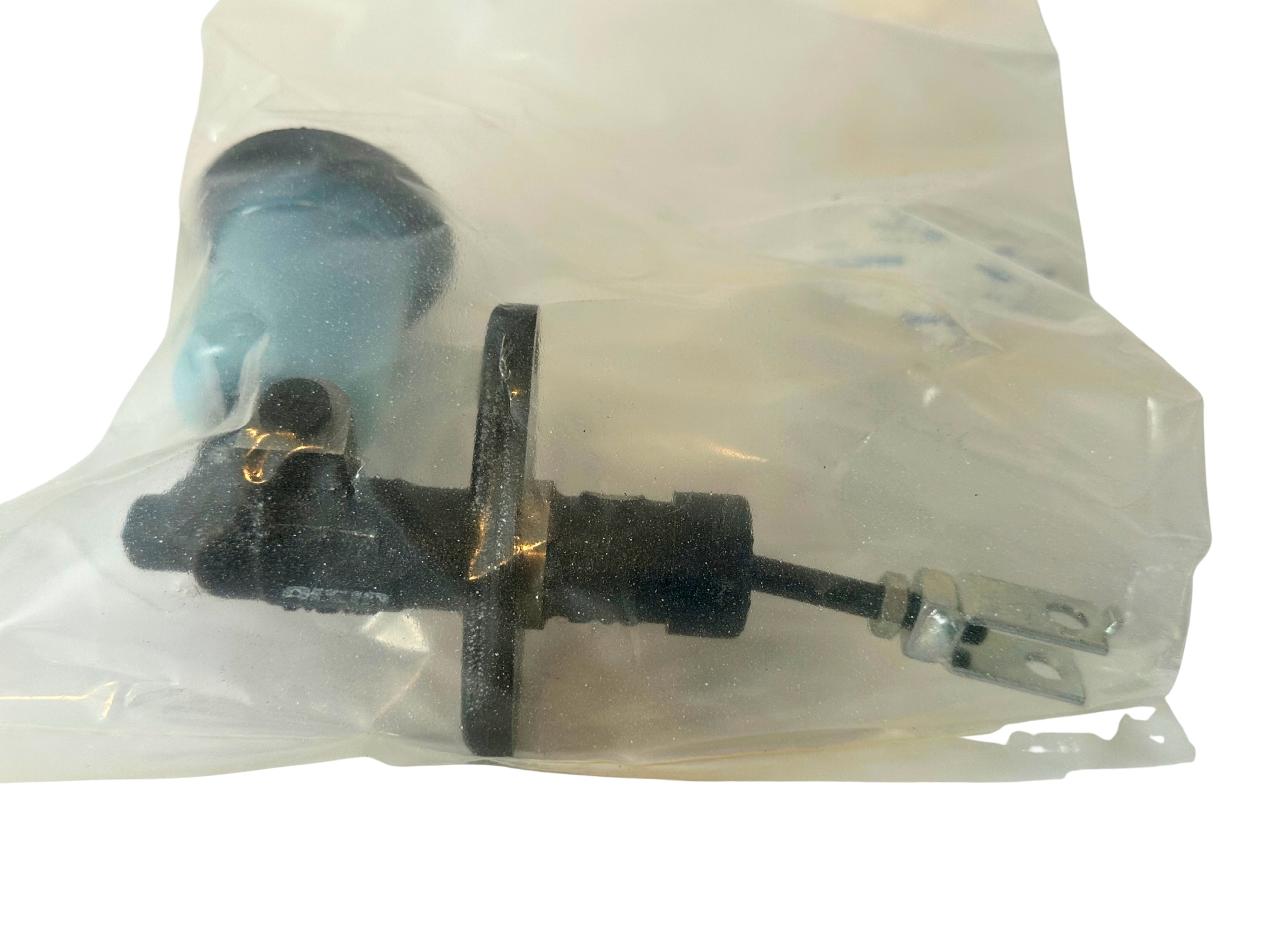 Mechanical part in a clear plastic bag on a white background