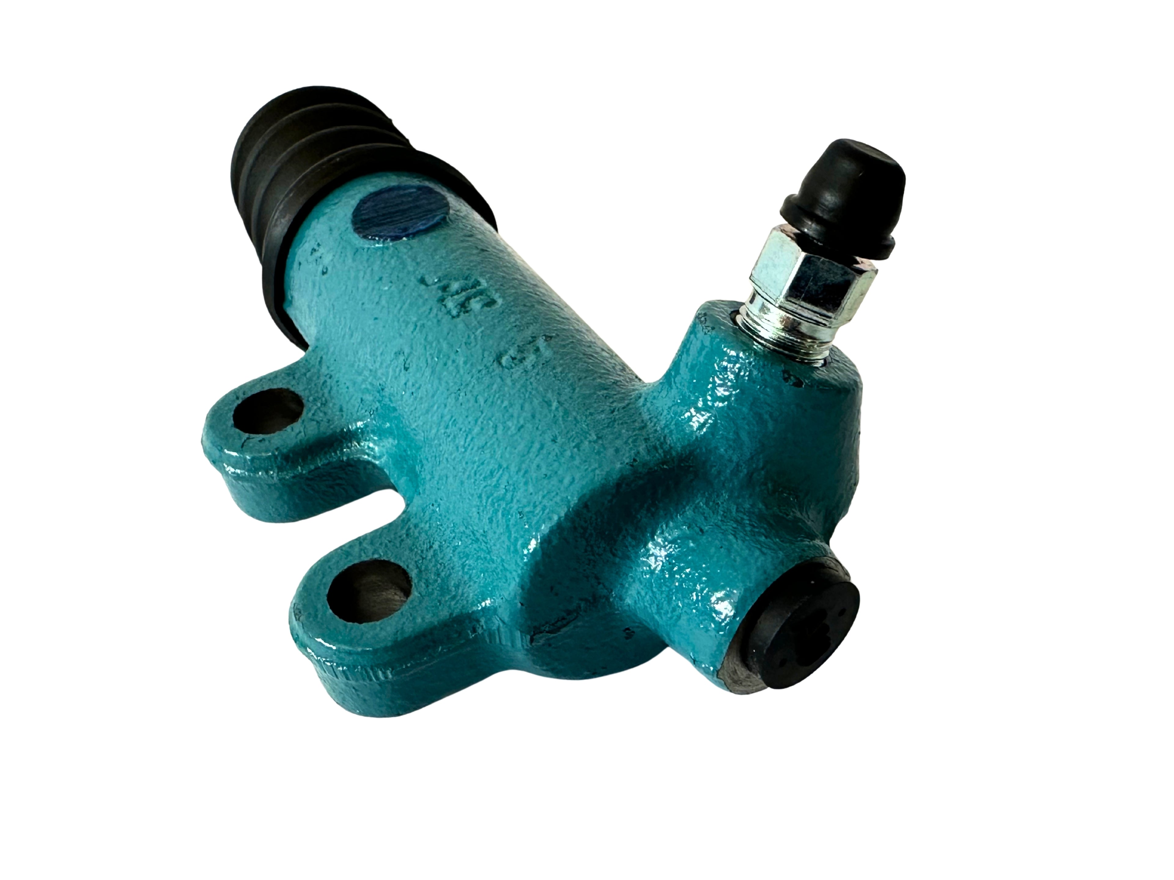 Teal metal brake component on a white background