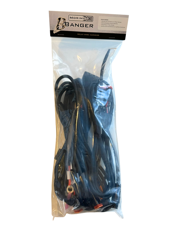 Packaged heavy duty wire harness for a pair of LED light pods on a white background