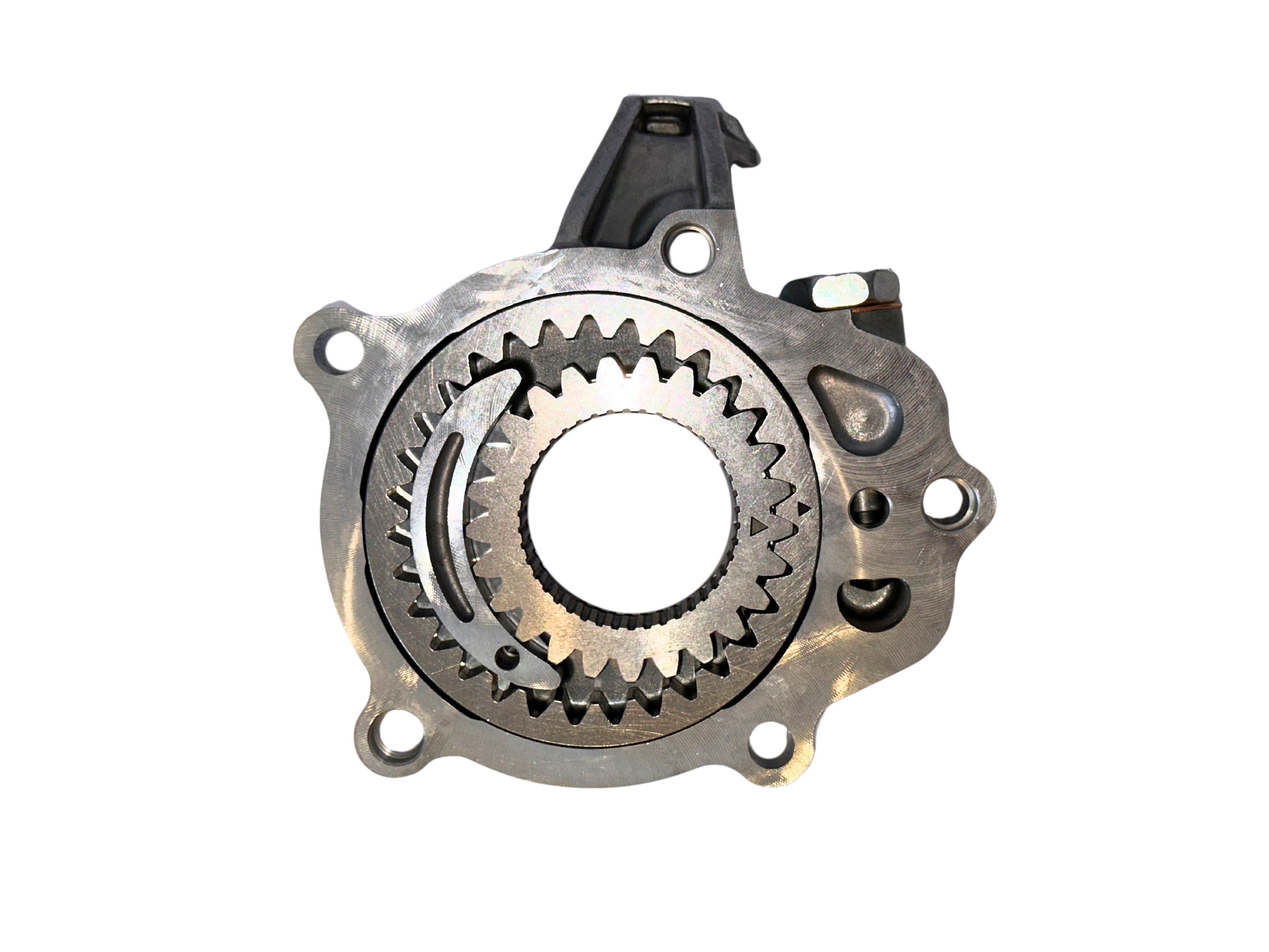Mechanical component with gears on a white background