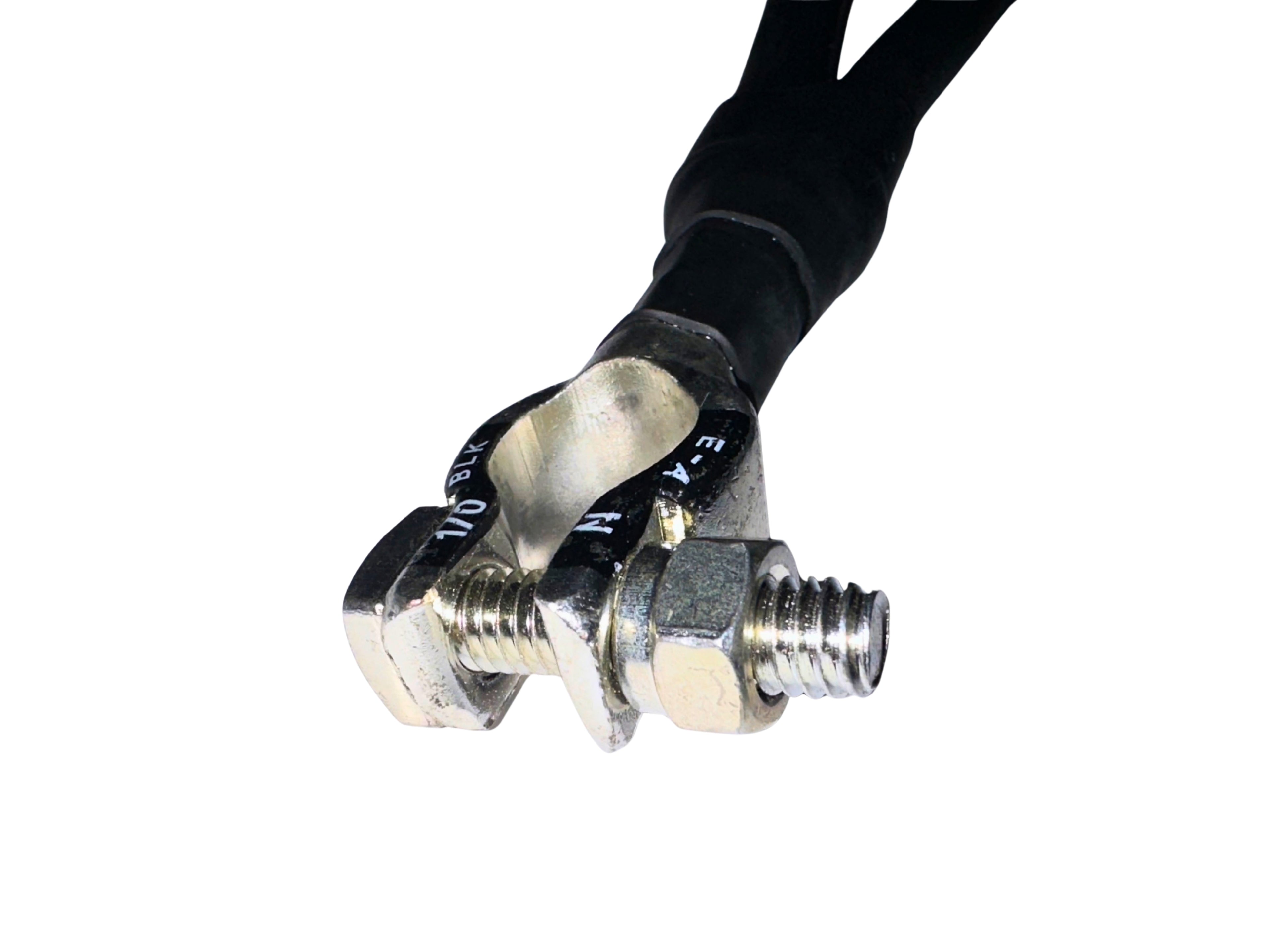 Close-up of a black cable with metal connectors on a white background