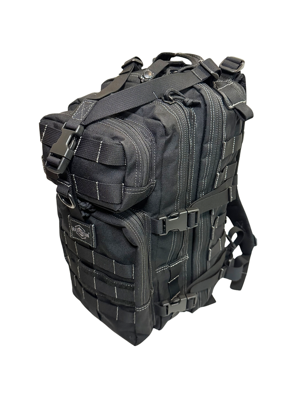 Black tactical backpack on a white background