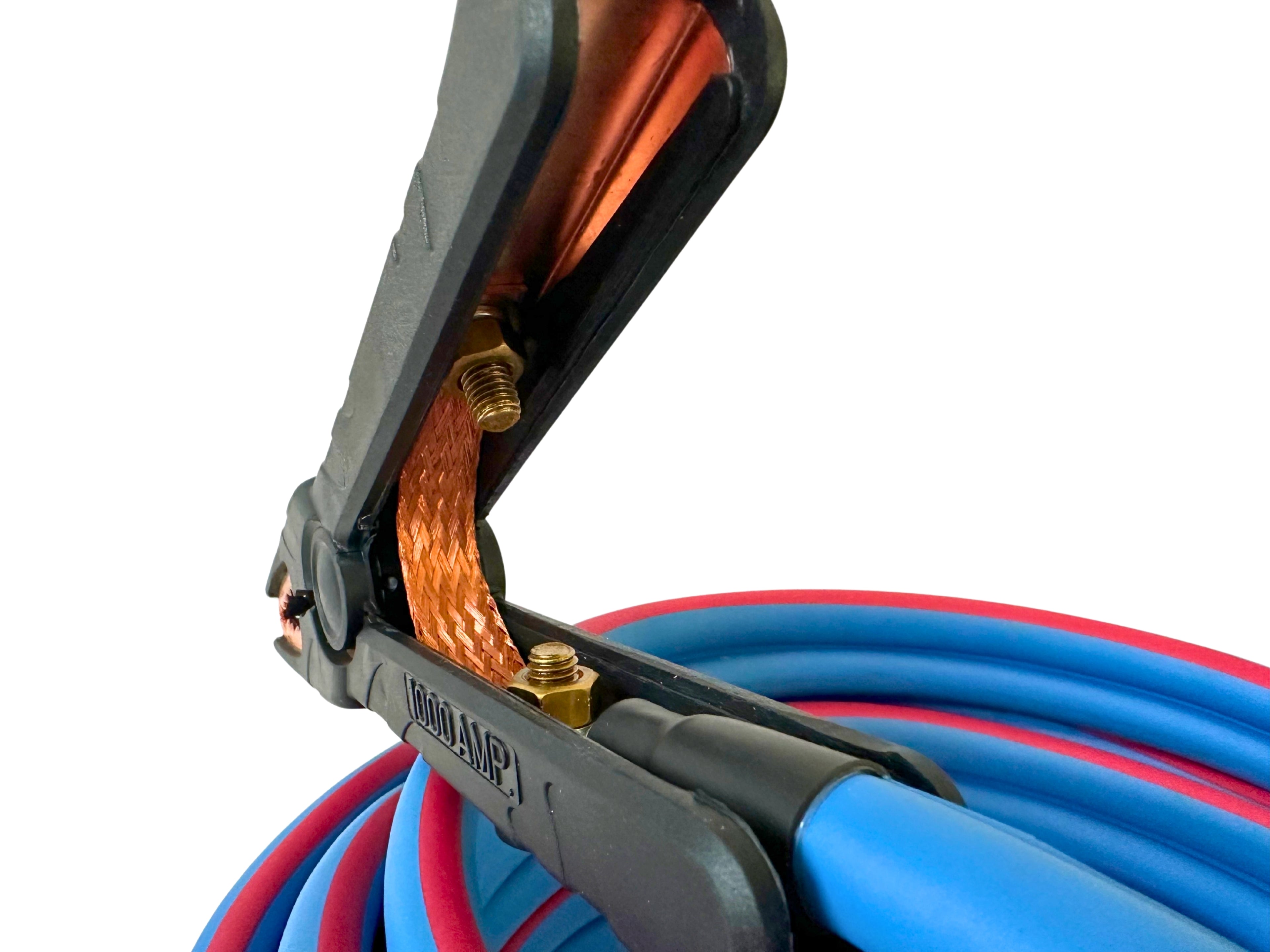 Close-up of a jumper cable clamp with braided copper bonding on red and blue cable on a white background