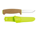 Knife with cork handle and green sheath on a white background
