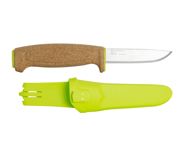 Knife with cork handle and green sheath on a white background