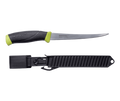 Fishing knife with black handle and green tip, and black sheath on a transparent background