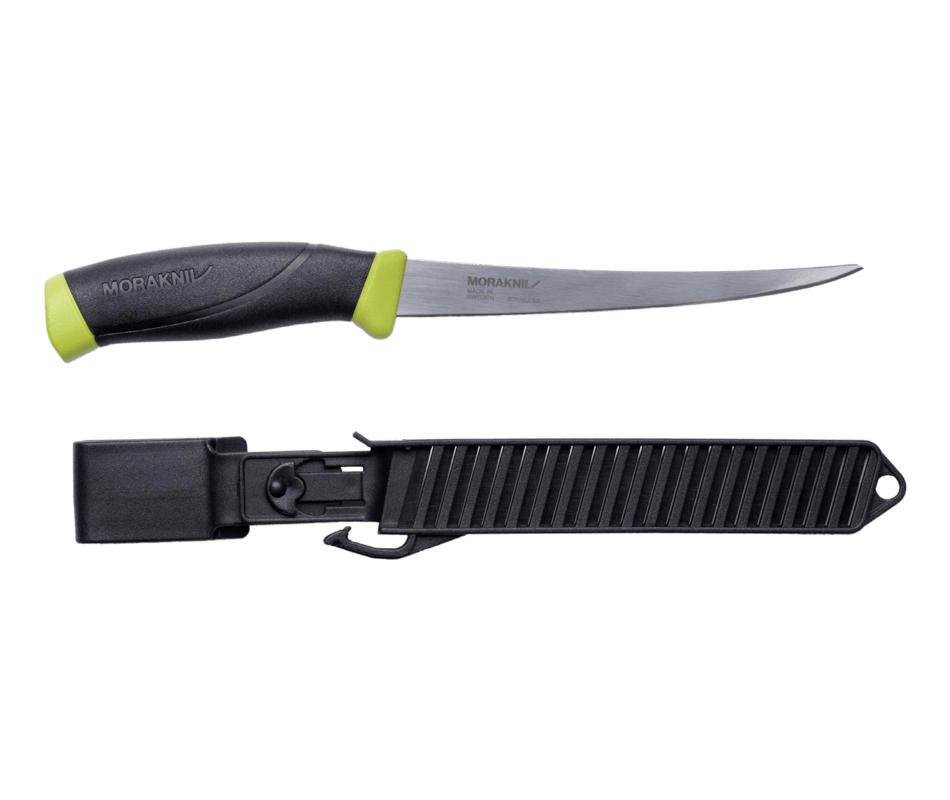 Fishing knife with black handle and green tip, and black sheath on a transparent background
