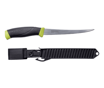 Fishing knife with black handle and green tip, and black sheath on a transparent background