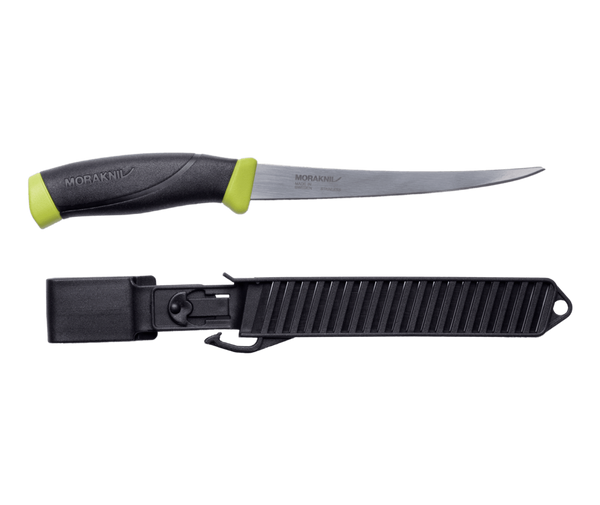 Fishing knife with black handle and green tip, and black sheath on a transparent background