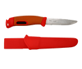 Morakniv knife with orange handle and red sheath on a white background