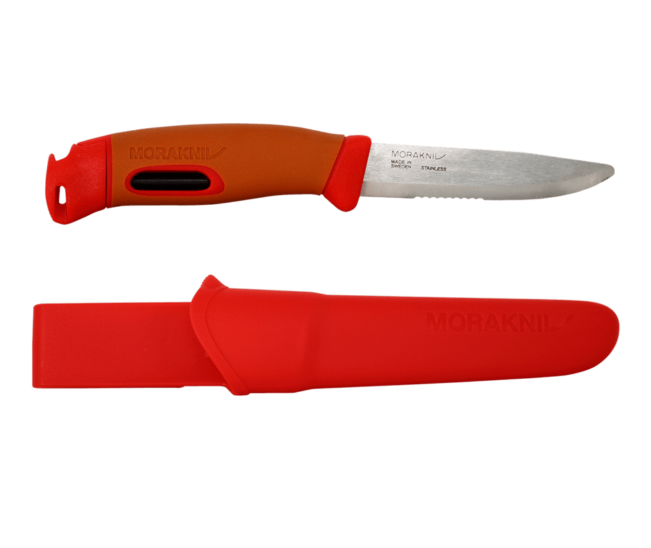 Morakniv knife with orange handle and red sheath on a white background