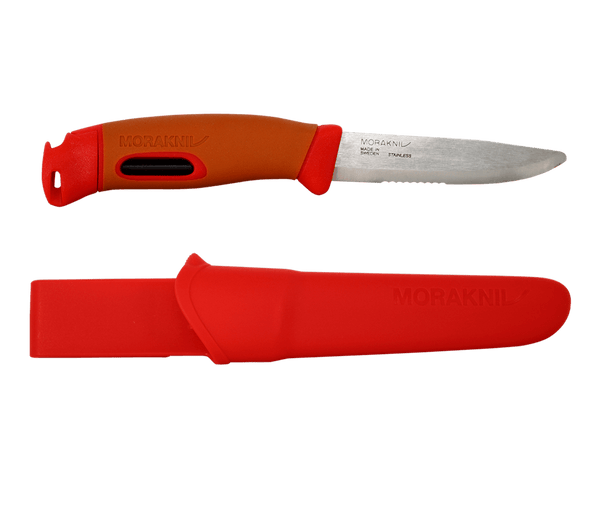 Morakniv knife with orange handle and red sheath on a white background