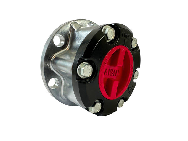 Metallic wheel hub with red center and silver bolts on a white background