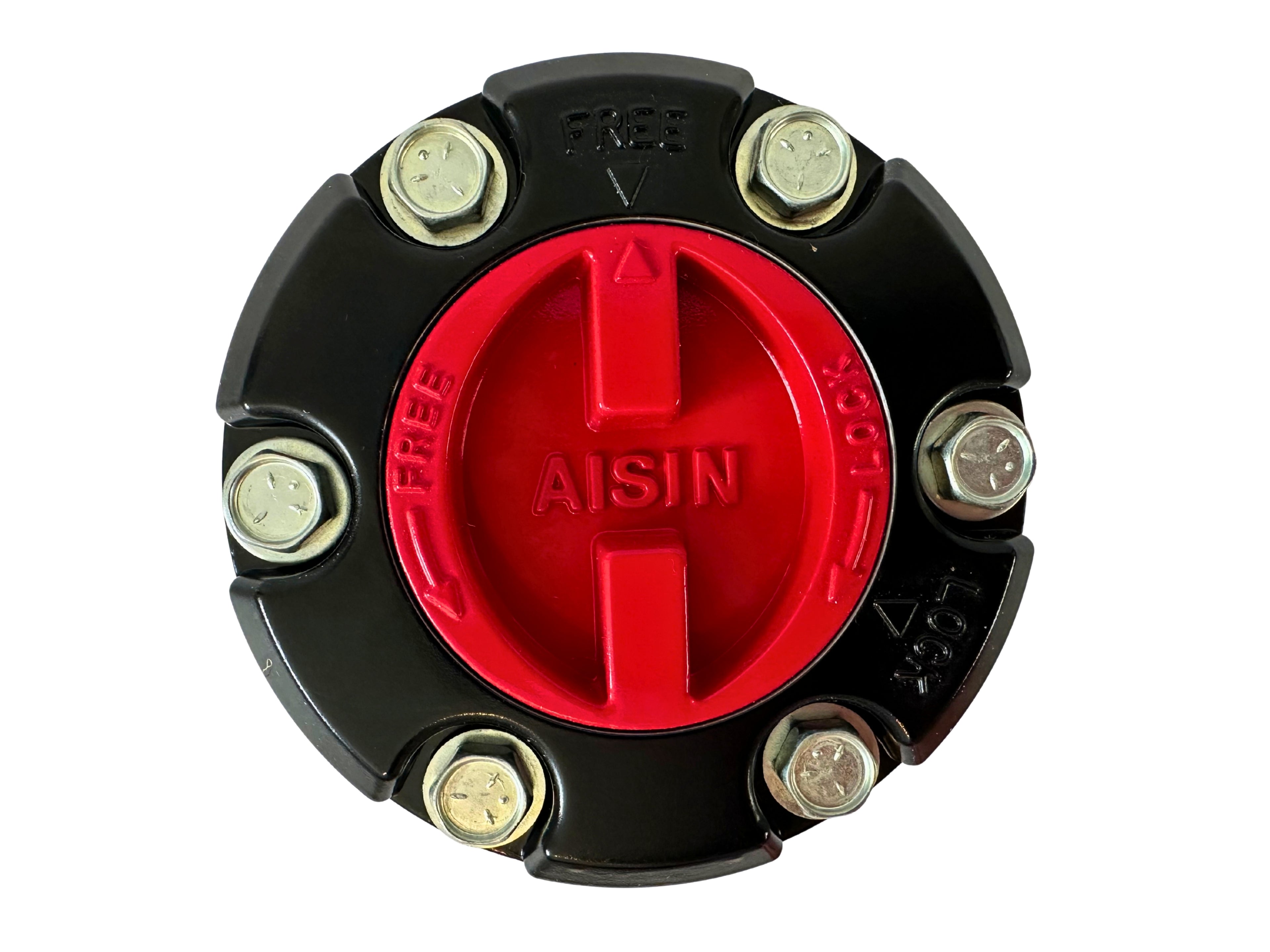 Round mechanical component with red center and black outer shell, featuring the Aisin logo.