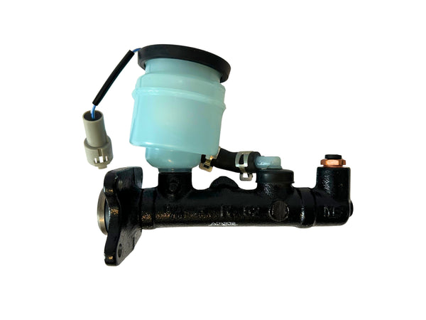 Brake master cylinder with a light blue reservoir on a white background