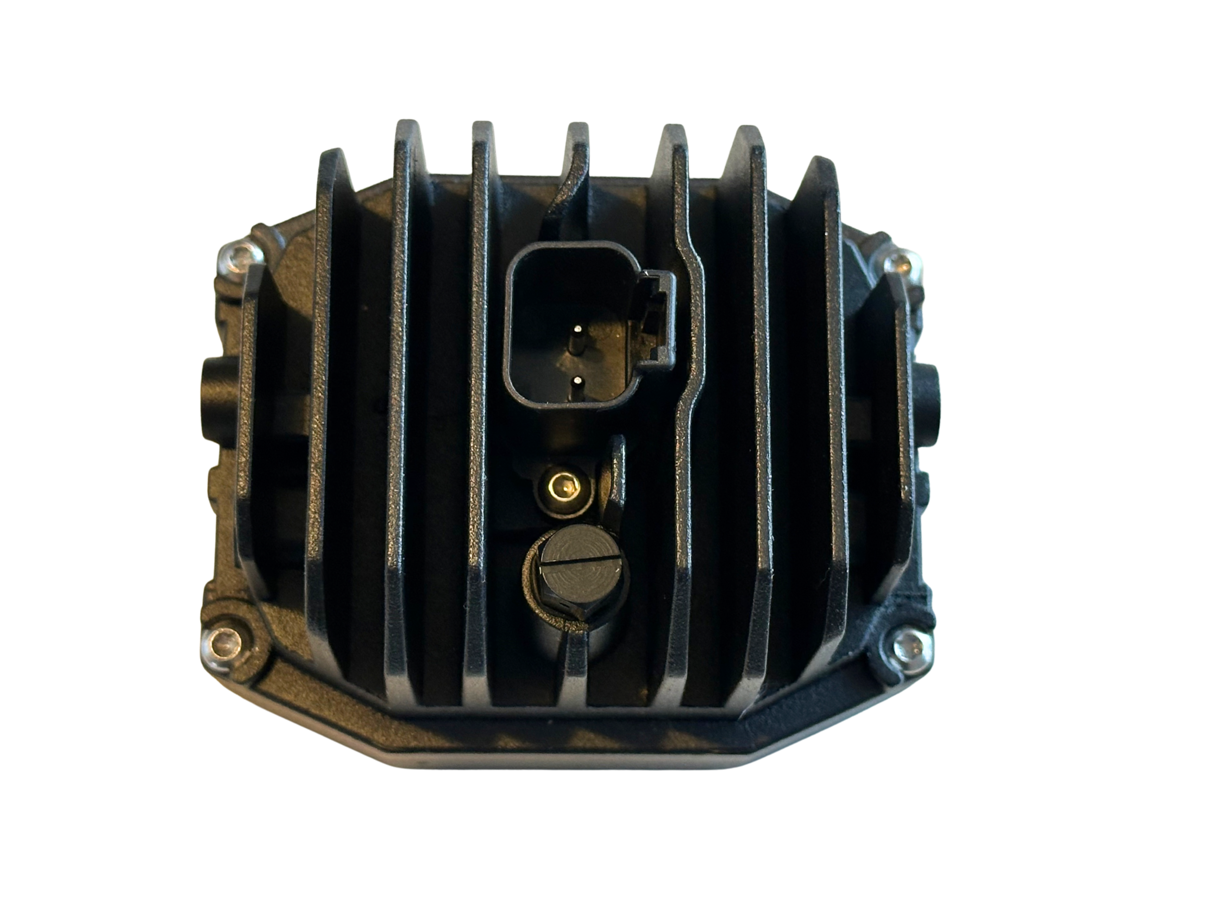 Rear view of LED pod showing cooling fins and two pin Deutsch connector on a white background