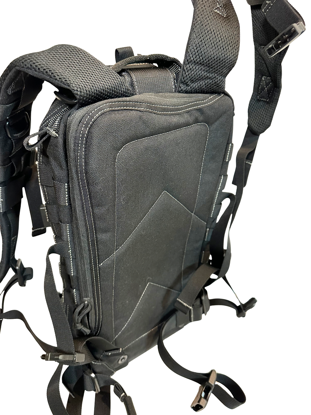 Black tactical backpack with multiple straps on a white background