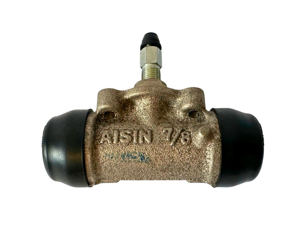 Drum brake wheel cylinder with black rubber boots on a white background