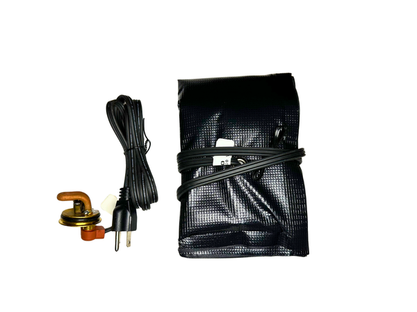 Bundled engine block, heater and bundled battery blanket heater pictured on a white background
