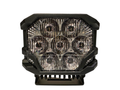 Cube-shaped LED light with clear lens and black frame on a white background