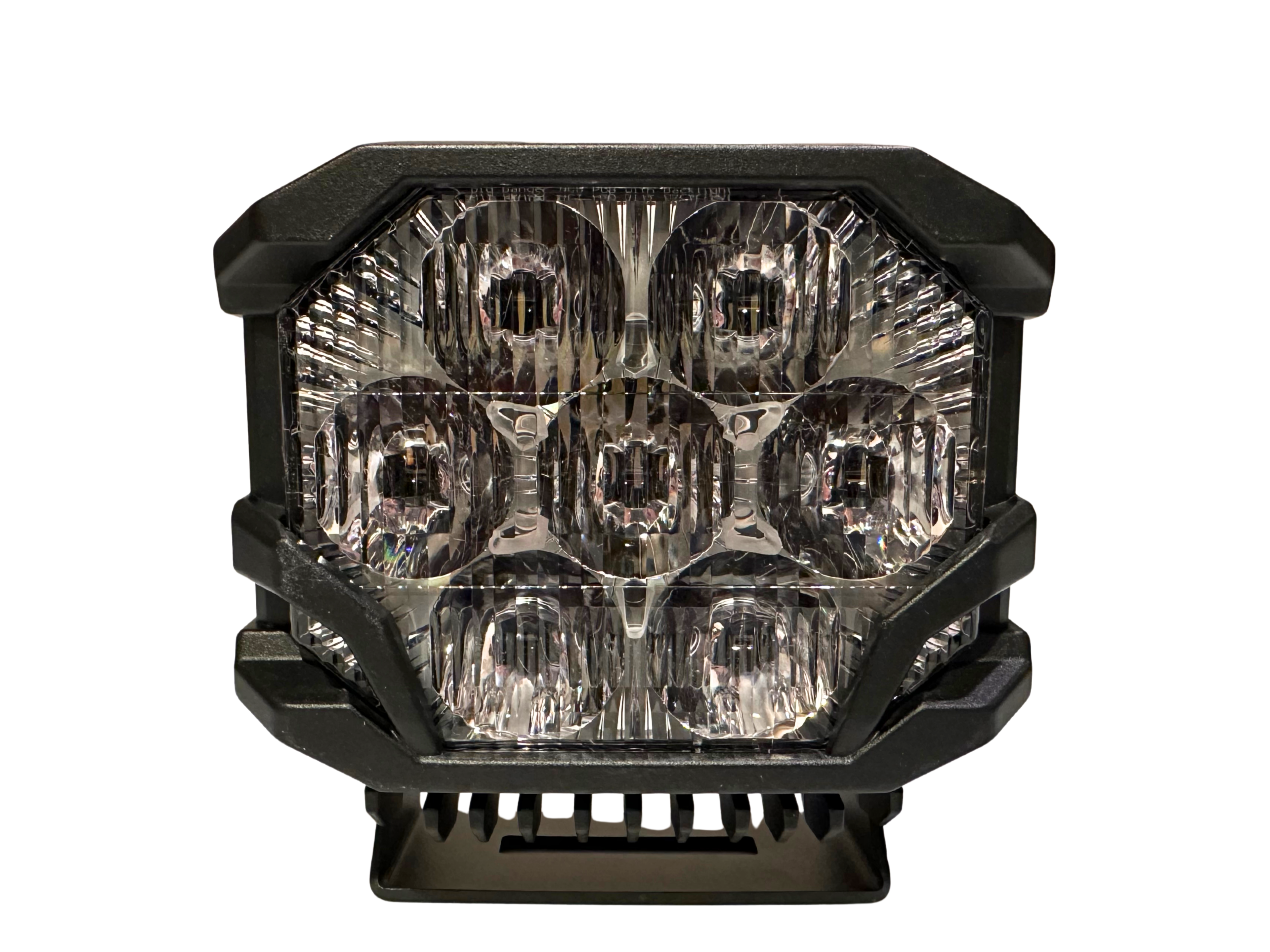 Cube-shaped LED light with clear lens and black frame on a white background