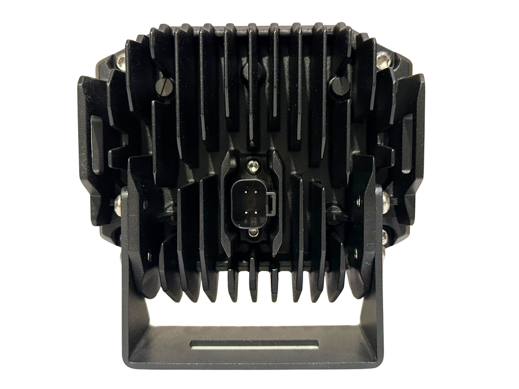 Rear view of LED light showing cooling fins And custom four pin connector