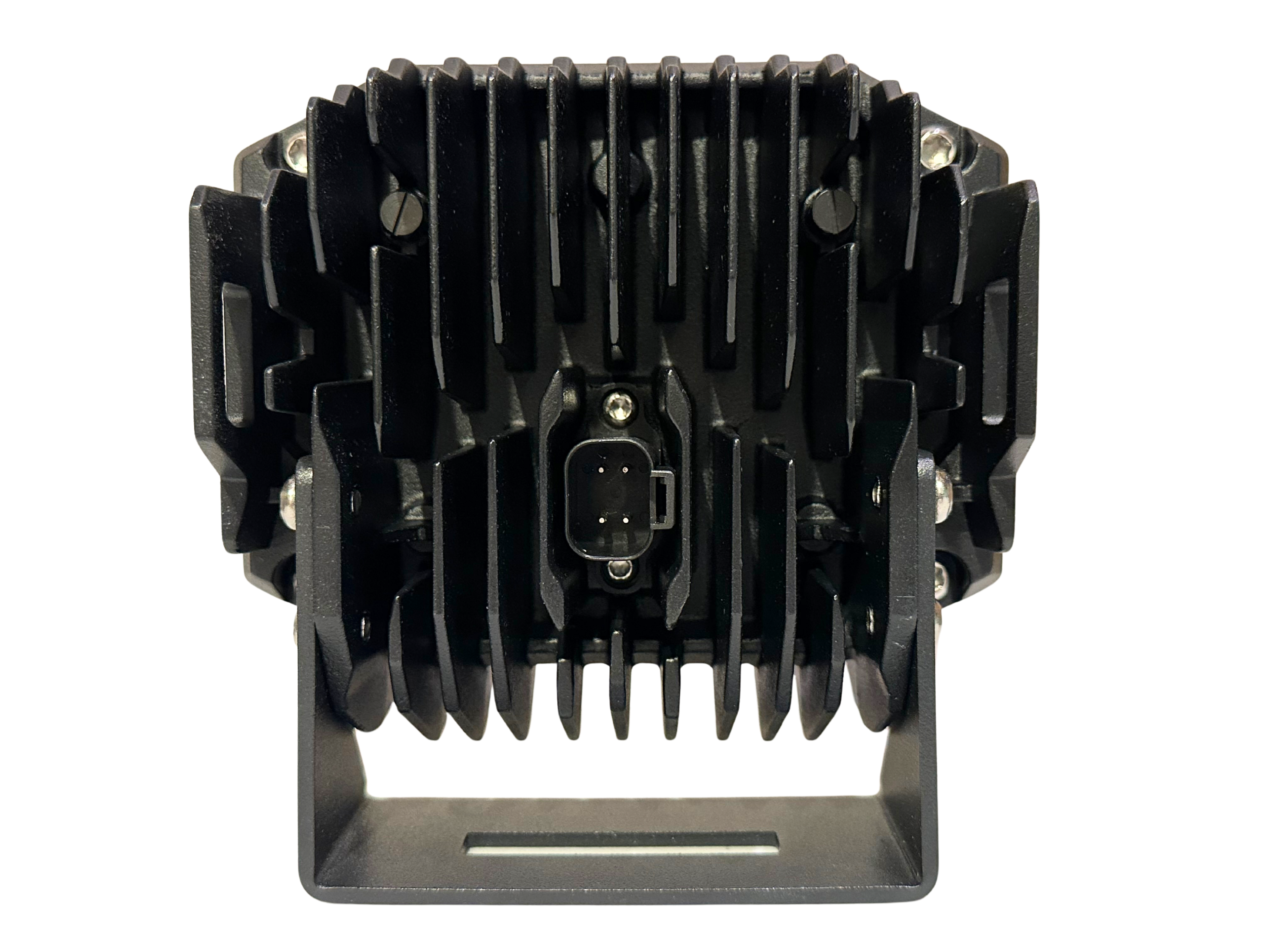 Rear view of LED light showing cooling fins And custom four pin connector