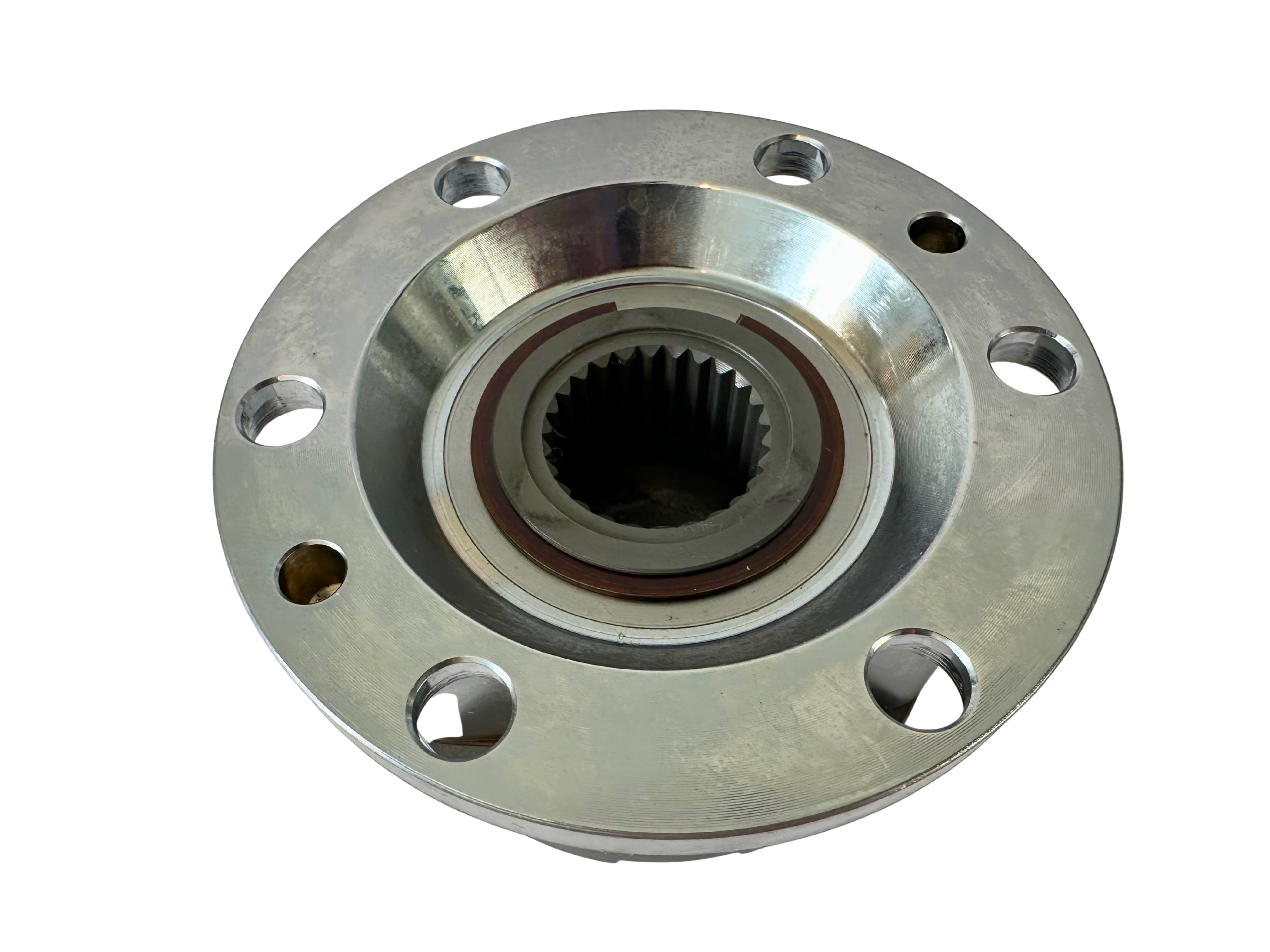 Metallic wheel hub with gear on a white background