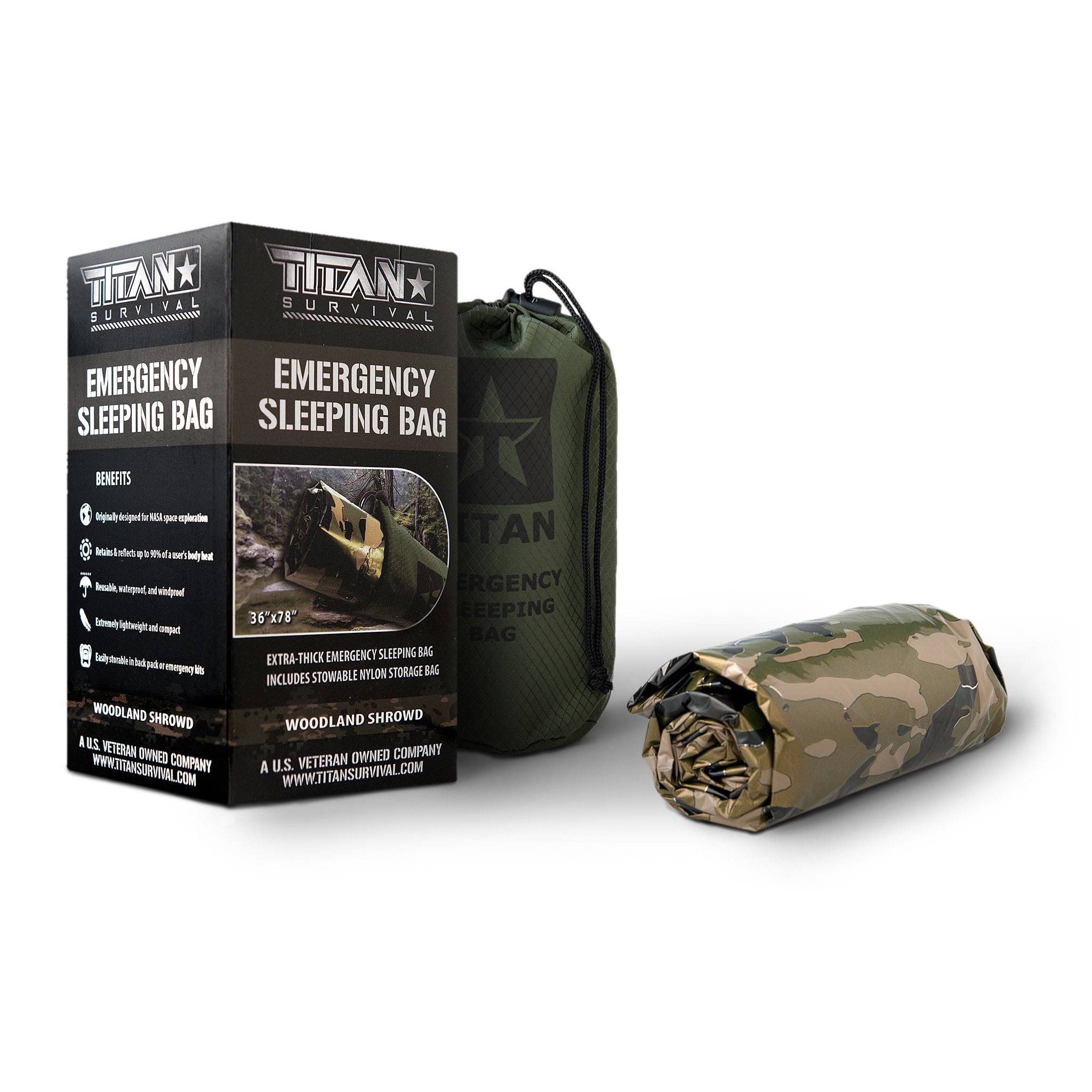 I rolled up camo sleeping bag next to a car case and a product box pictured on the white background