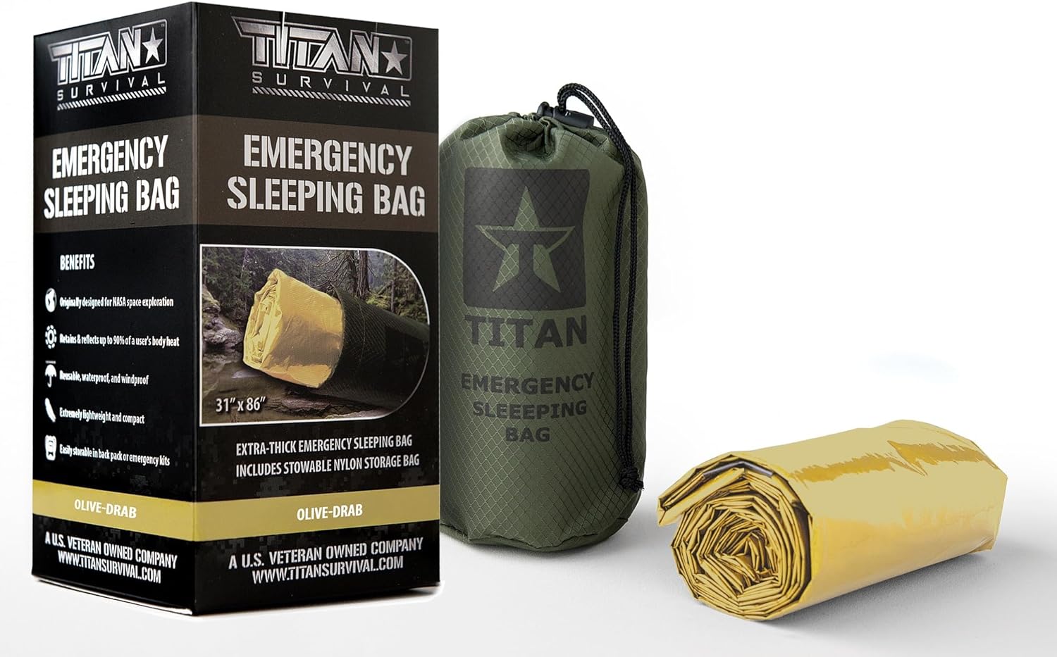 Olive crab colored, rolled up, survival sleeping bag with car case next to product box on a white background