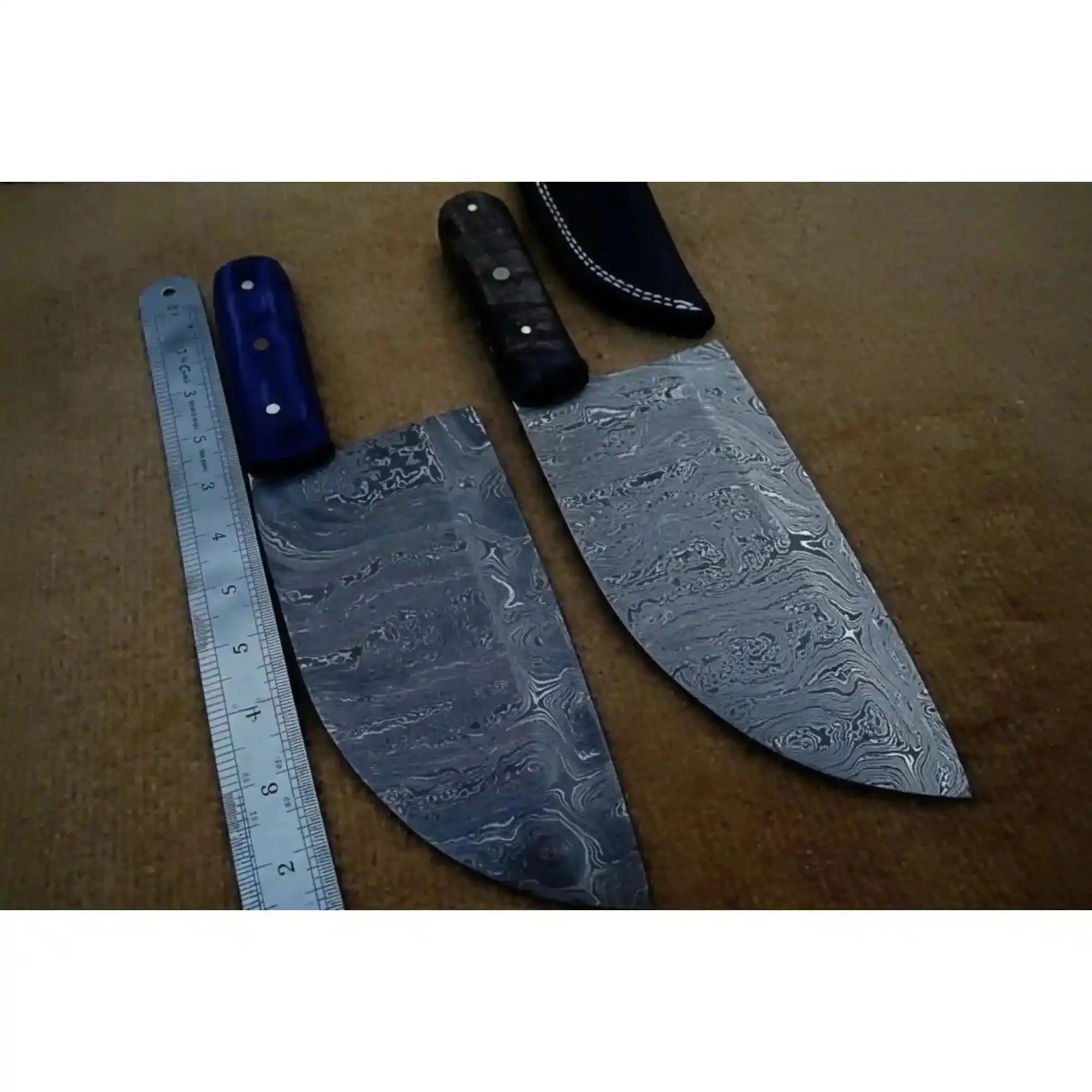 Hand-forged Damascus Chinese Cleaver & Curved Butcher Knife Pair (Black & Blue Pakka Wood)